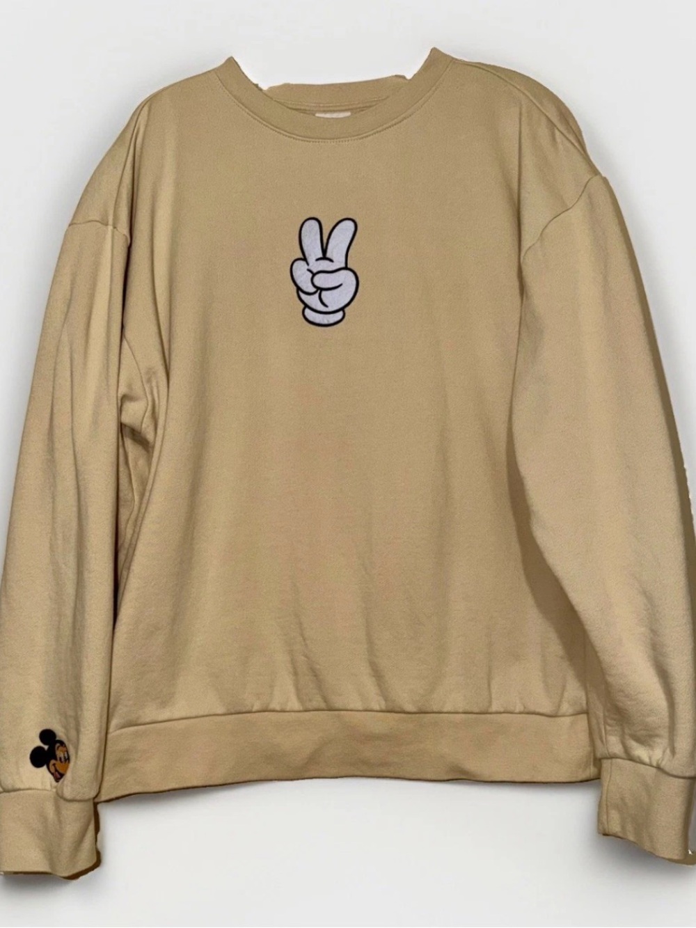 Disney Mickey Mouse Sweatshirt Adult Beige Peace Sign Embroidered - Medium